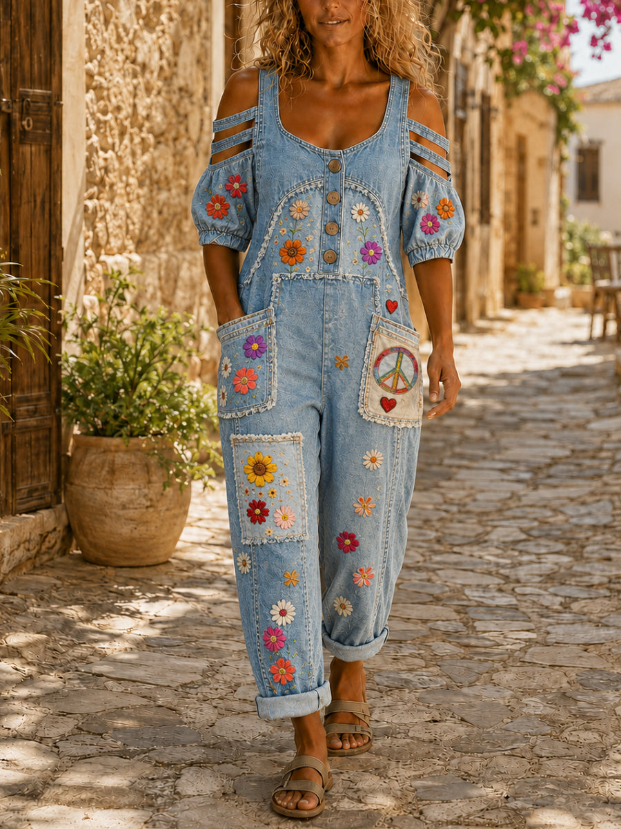 Women's Casual Short Sleeve Denim Patchwork Jumpsuit
